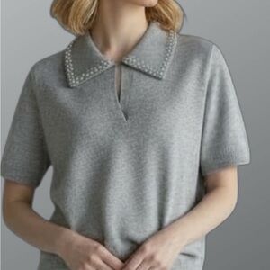 Song of Style by Aimee Song Gray Knit Embellished
Polo Top